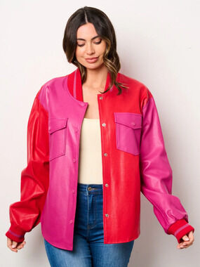 Cloud Ten Pink Red Color Block Varsity Jacket